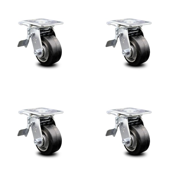 4 Inch Rubber on Aluminum Caster Set with Ball Bearing and Total Lock Brake SCC